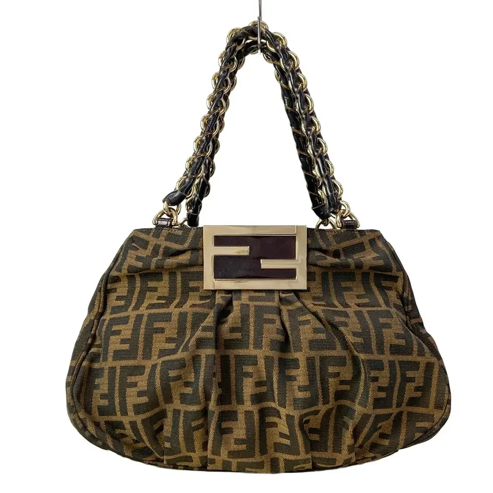 Fendi Zucca Handbag 8BR615 Light Brown Black Gold Jacquard Patent Leather